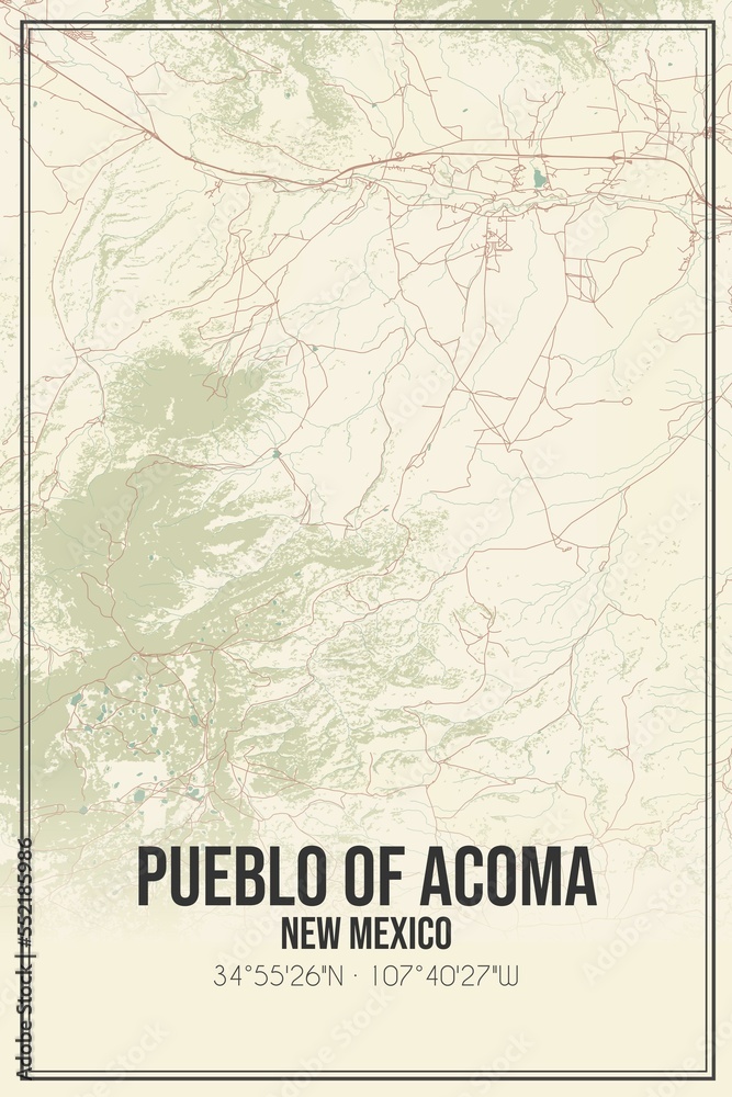 Retro US city map of Pueblo Of Acoma, New Mexico. Vintage street map.