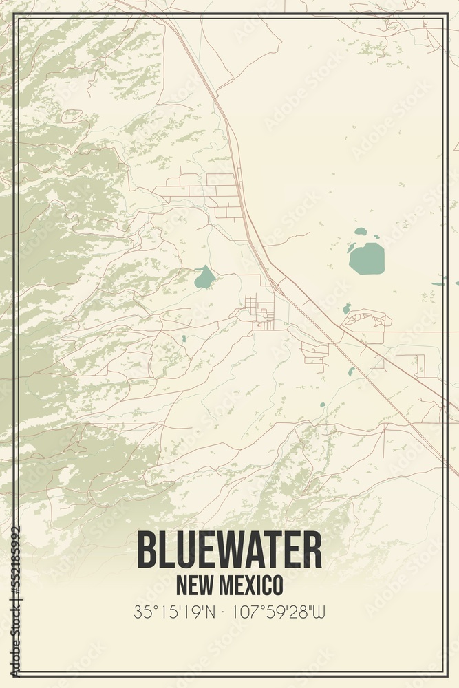 Retro US city map of Bluewater, New Mexico. Vintage street map.