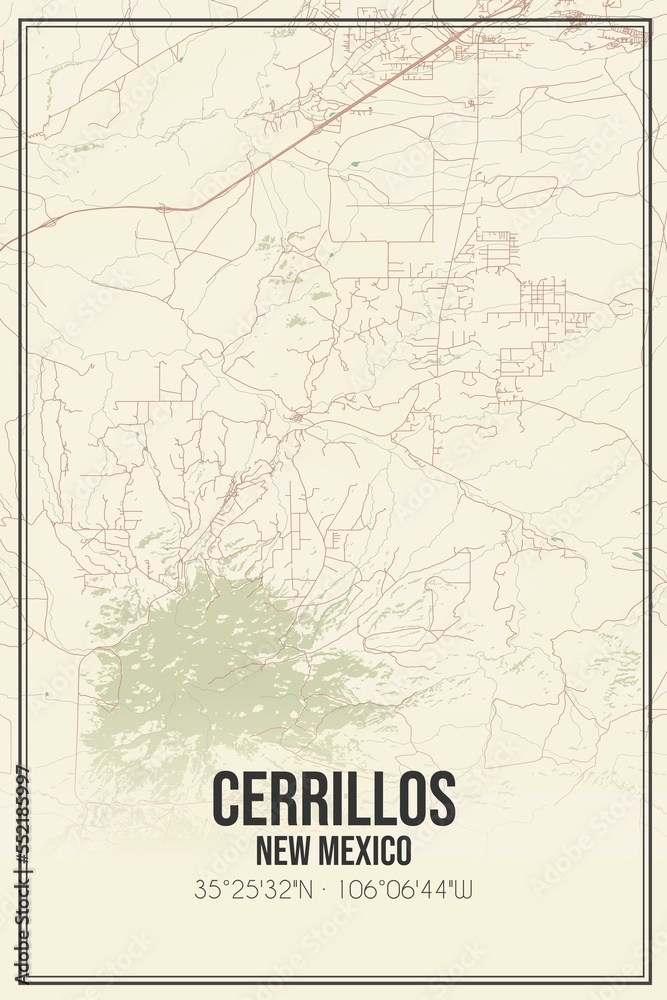 Retro US city map of Cerrillos, New Mexico. Vintage street map.