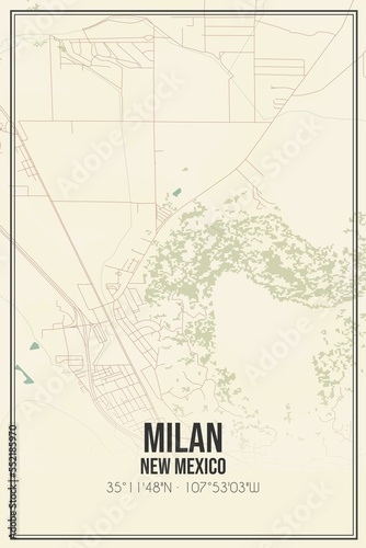Retro US city map of Milan, New Mexico. Vintage street map. © Rezona