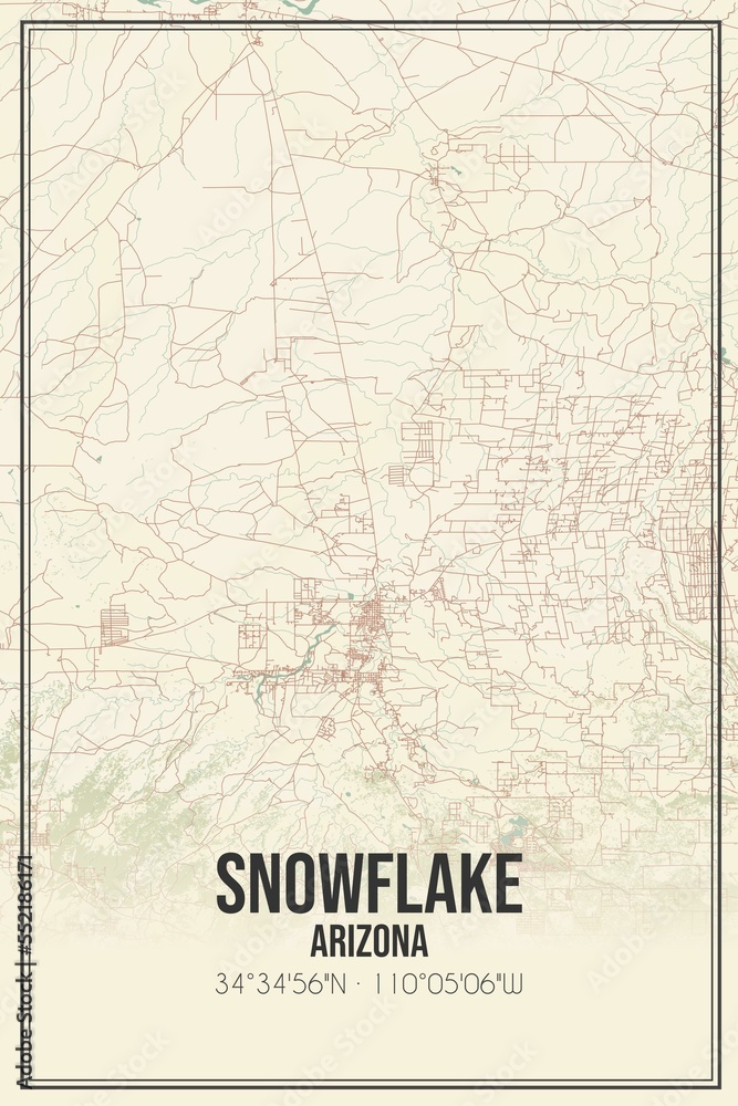 Retro US city map of Snowflake, Arizona. Vintage street map.