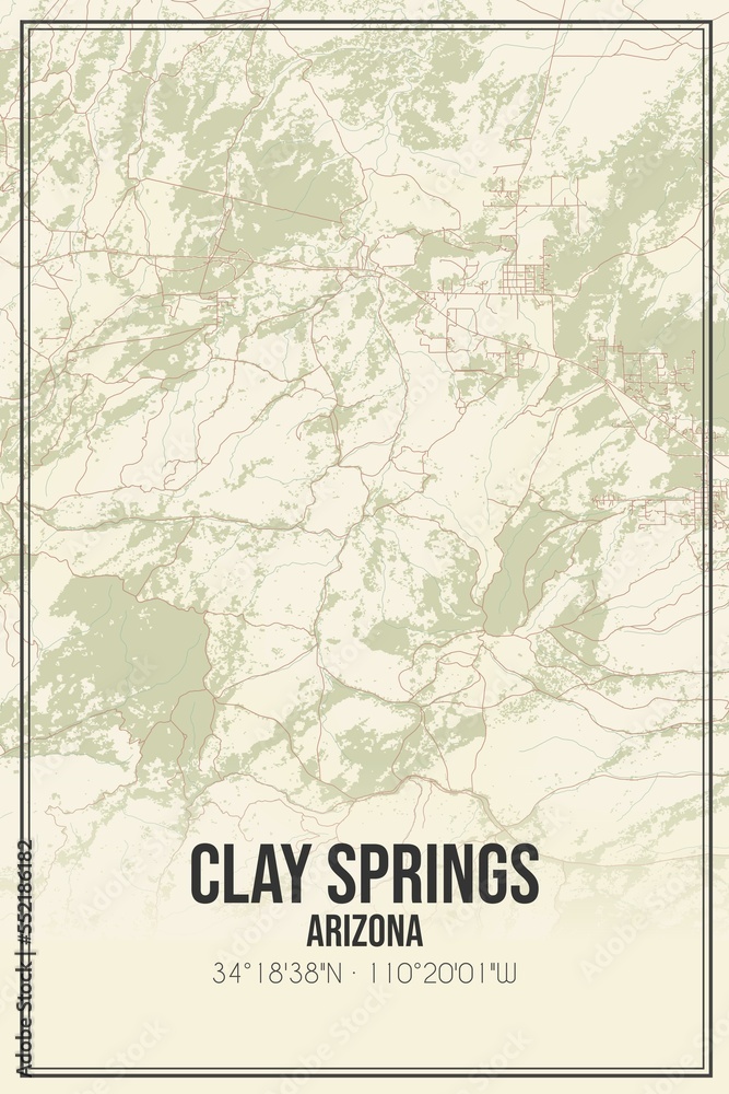 Retro US city map of Clay Springs, Arizona. Vintage street map.