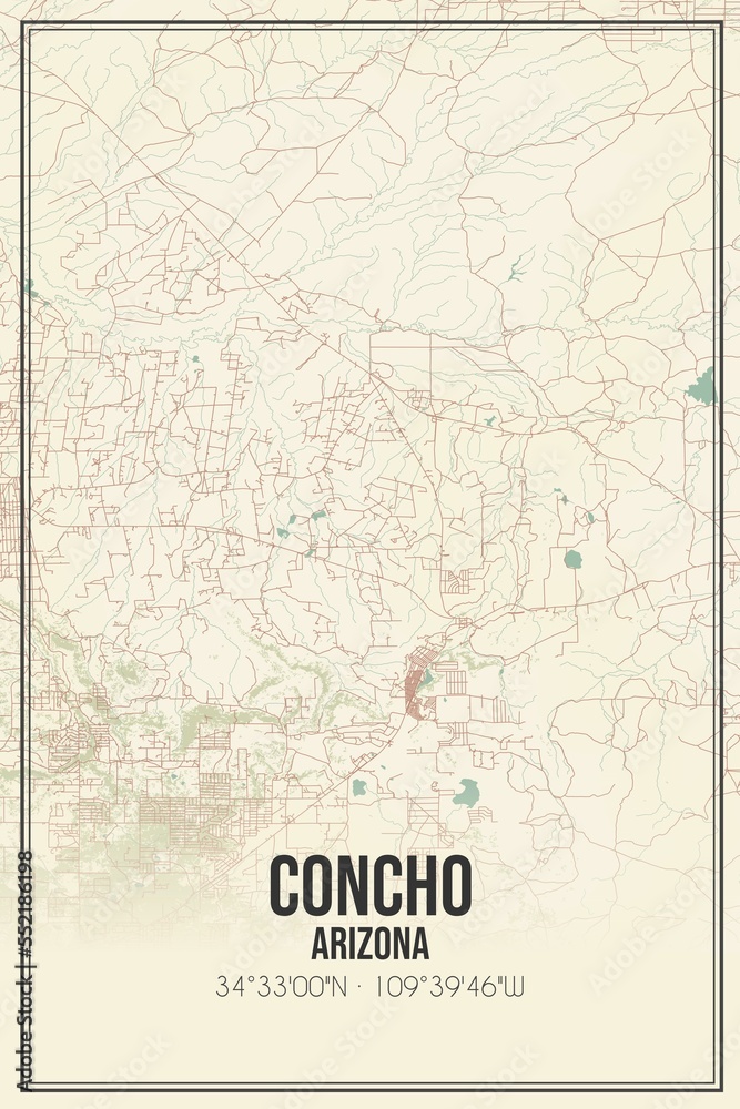 Retro US city map of Concho, Arizona. Vintage street map.