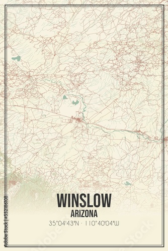 Retro US city map of Winslow, Arizona. Vintage street map. photo