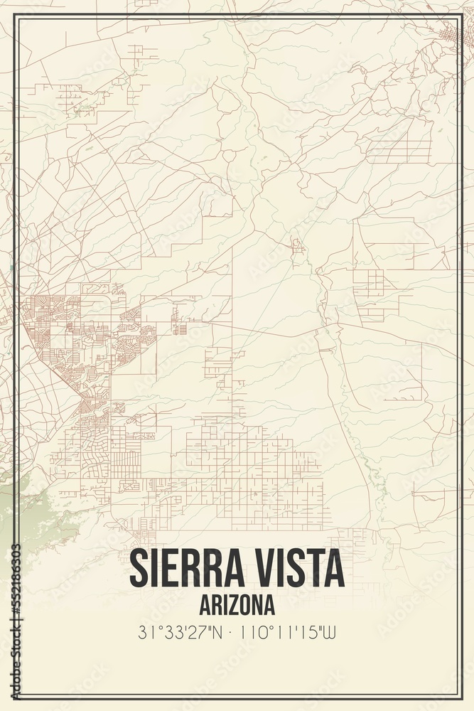 Retro US city map of Sierra Vista, Arizona. Vintage street map.