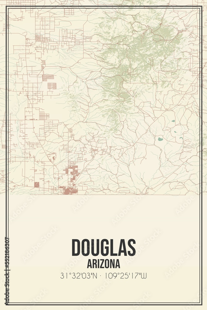 Retro US city map of Douglas, Arizona. Vintage street map.