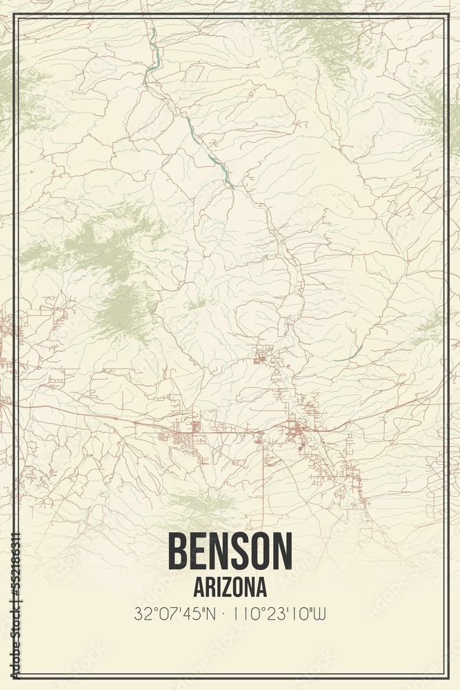 Retro US city map of Benson, Arizona. Vintage street map.