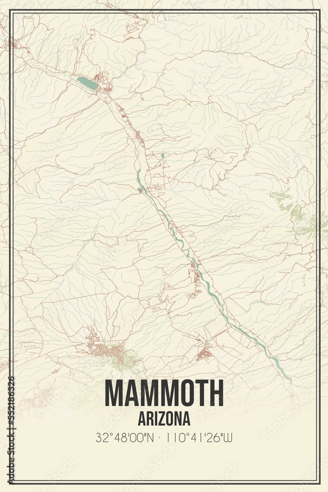 Retro US city map of Mammoth, Arizona. Vintage street map. Stock