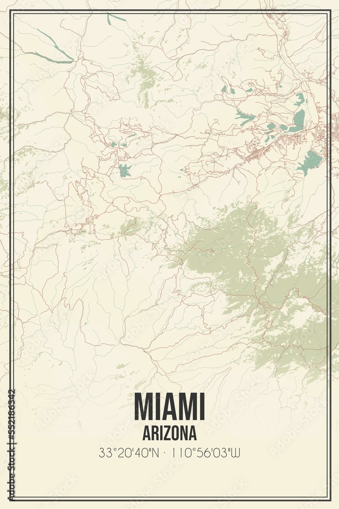 Retro US city map of Miami, Arizona. Vintage street map.