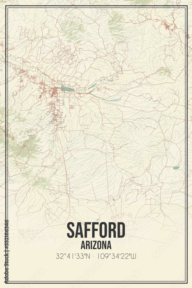 Retro US city map of Safford, Arizona. Vintage street map.