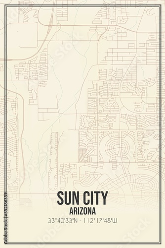 Retro US city map of Sun City, Arizona. Vintage street map.