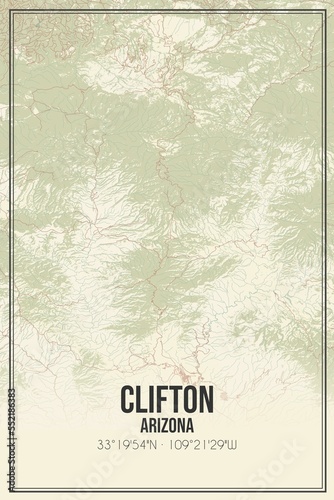 Retro US city map of Clifton, Arizona. Vintage street map. photo