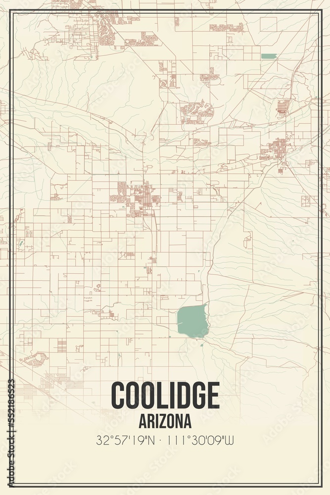 Retro US city map of Coolidge, Arizona. Vintage street map. Stock
