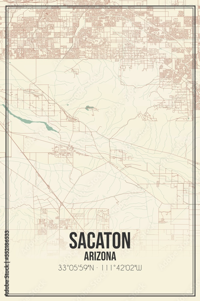 Retro US city map of Sacaton, Arizona. Vintage street map.