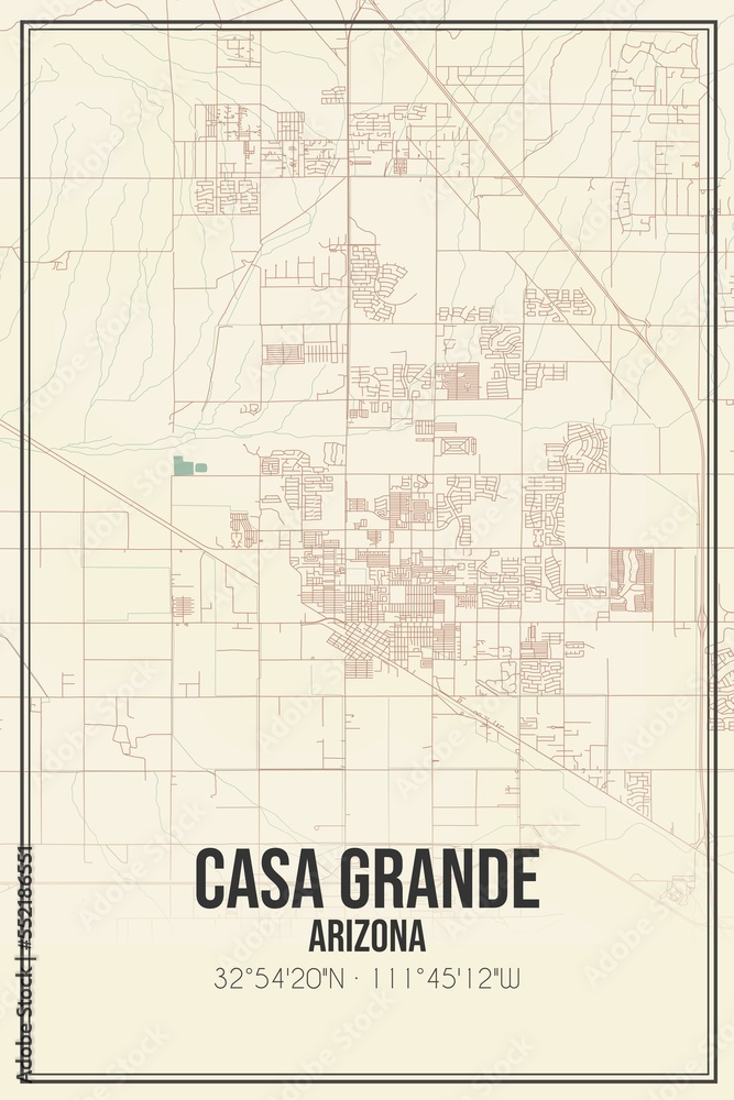 Retro US city map of Casa Grande, Arizona. Vintage street map.