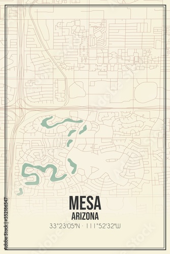 Retro US city map of Mesa  Arizona. Vintage street map.