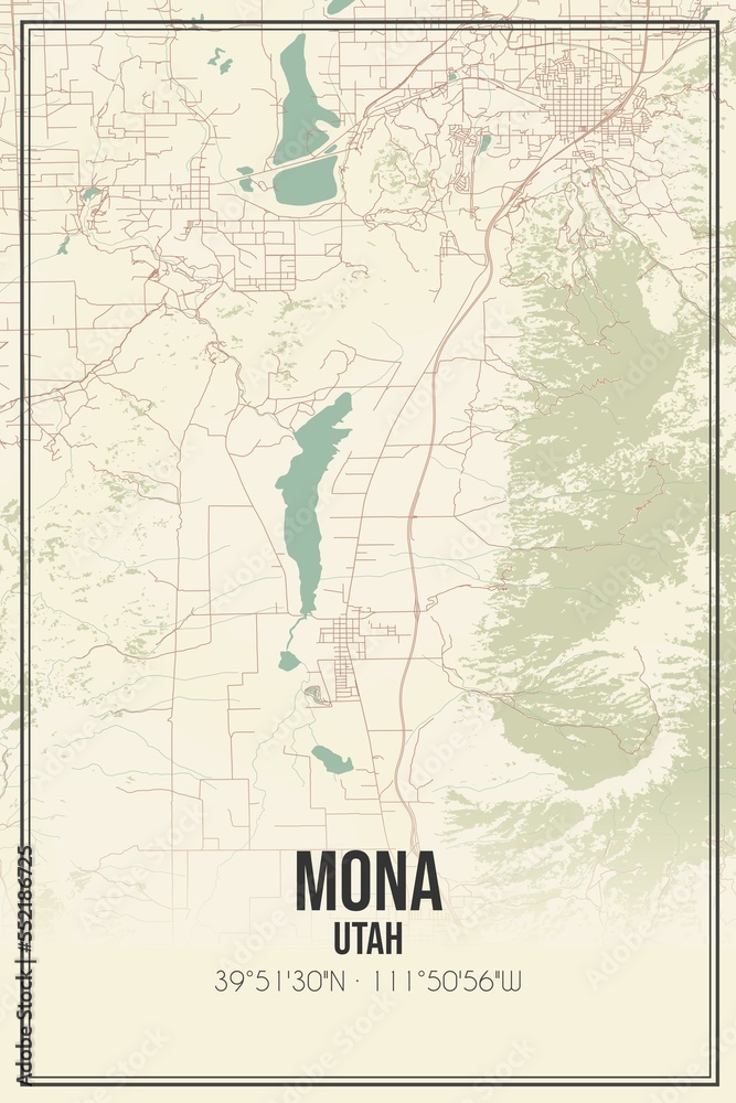 Retro US city map of Mona, Utah. Vintage street map.