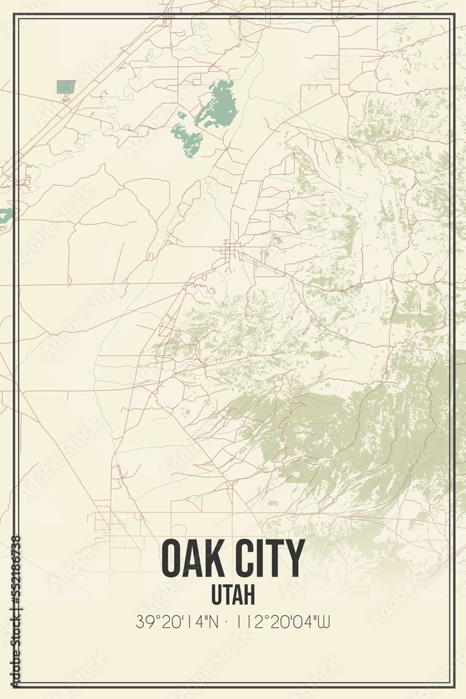 Retro US city map of Oak City, Utah. Vintage street map.