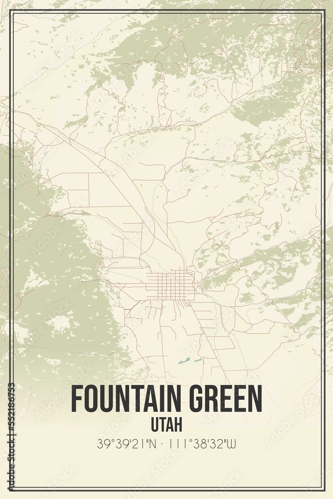 Retro US city map of Fountain Green, Utah. Vintage street map.