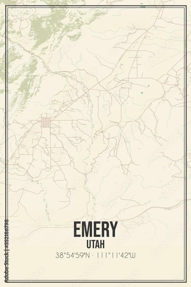 Retro US city map of Emery, Utah. Vintage street map.