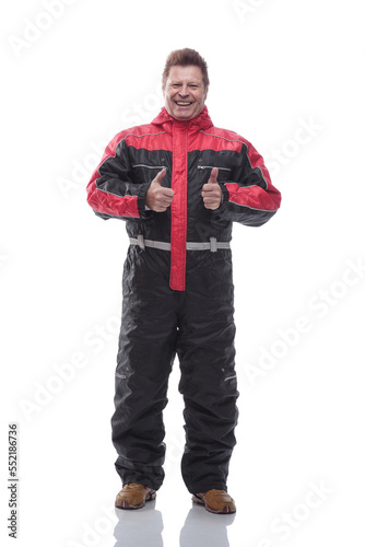 happy man in winter insulated overalls. isolated on a white