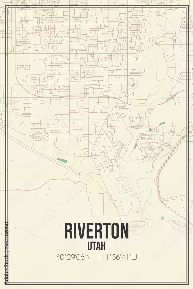 Retro US city map of Riverton, Utah. Vintage street map.