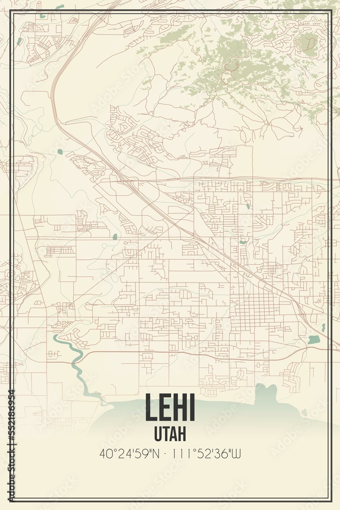 Retro US city map of Lehi, Utah. Vintage street map.
