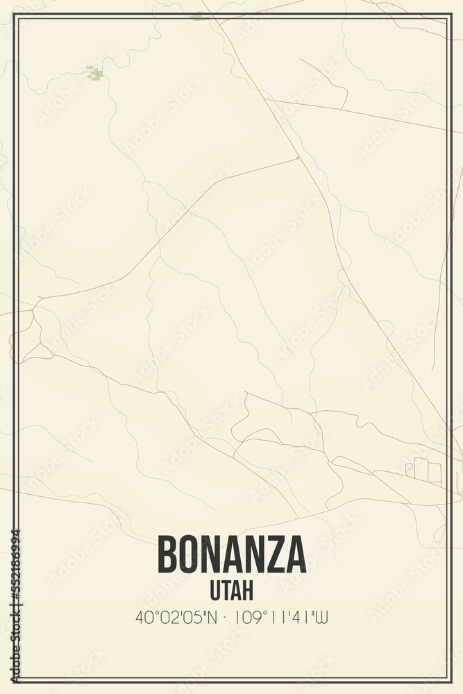 Retro US city map of Bonanza, Utah. Vintage street map.