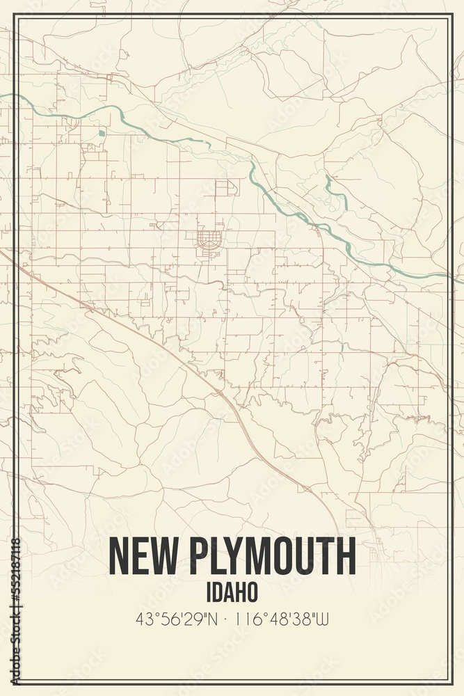 Retro US city map of New Plymouth, Idaho. Vintage street map.
