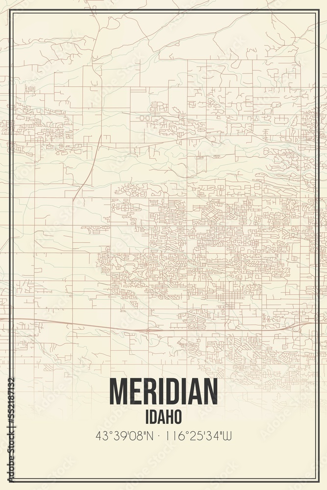 Retro US city map of Meridian, Idaho. Vintage street map.