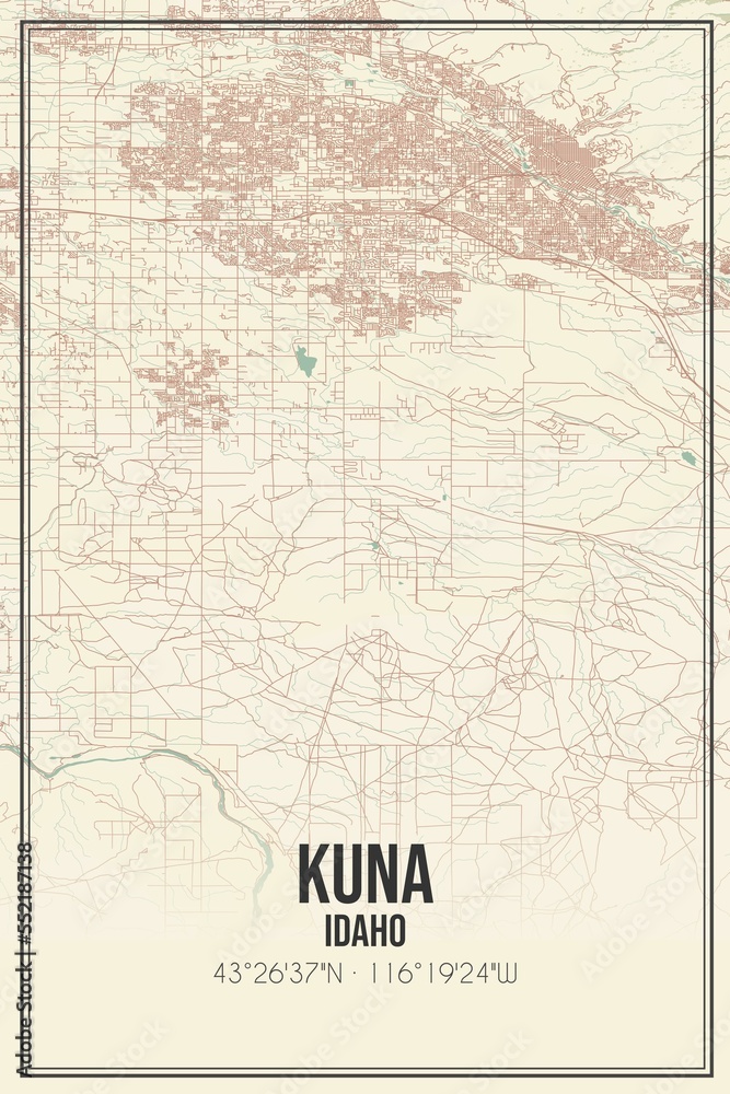 Retro US city map of Kuna, Idaho. Vintage street map.