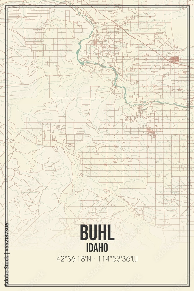 Retro US city map of Buhl, Idaho. Vintage street map.