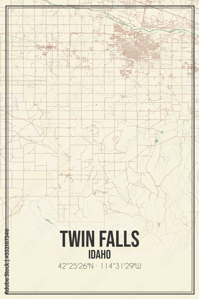Retro US city map of Twin Falls, Idaho. Vintage street map.