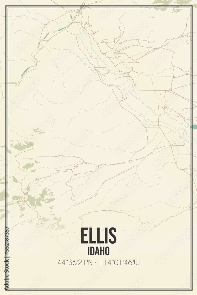 Retro US city map of Ellis, Idaho. Vintage street map.