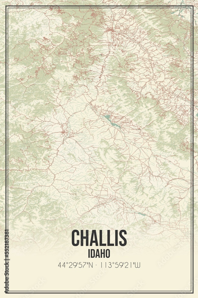 Retro US city map of Challis, Idaho. Vintage street map. Stock