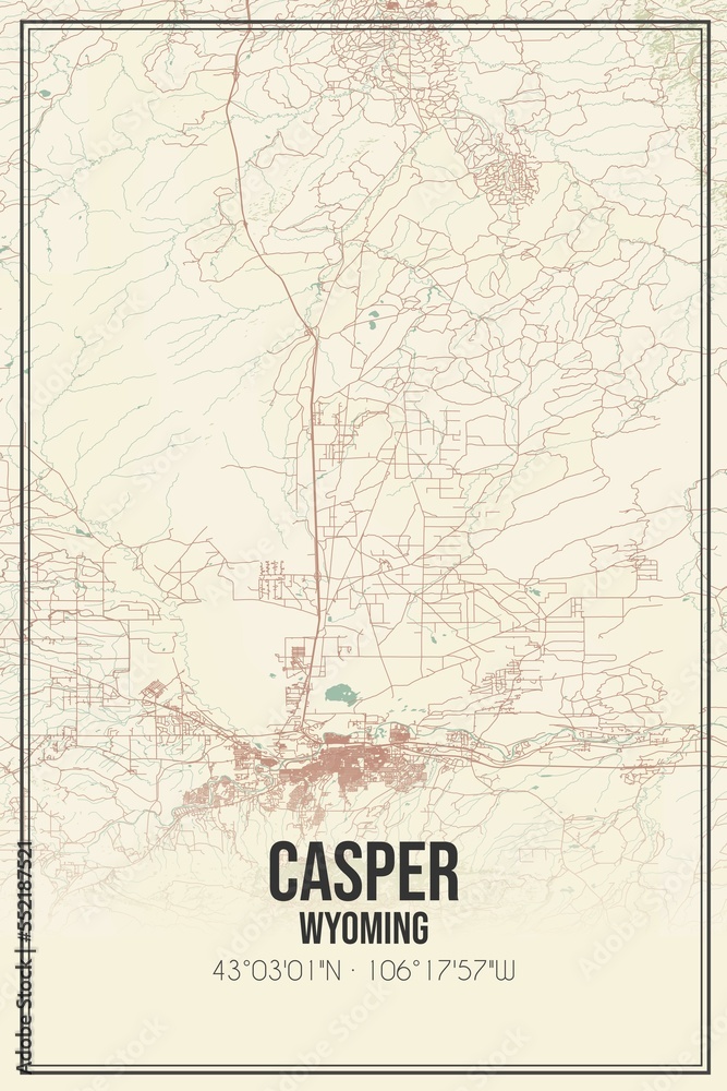 Retro US city map of Casper, Wyoming. Vintage street map.