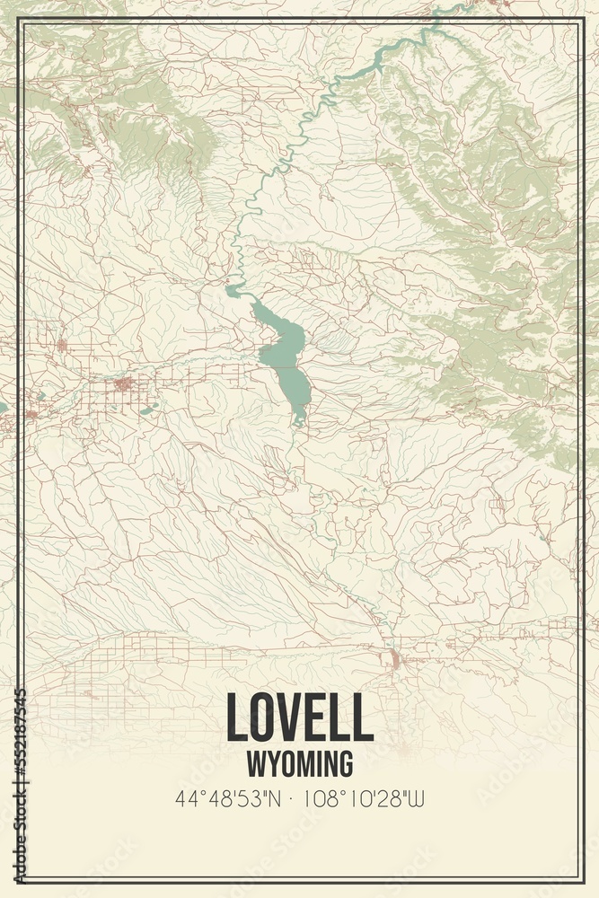 Retro US city map of Lovell, Wyoming. Vintage street map.
