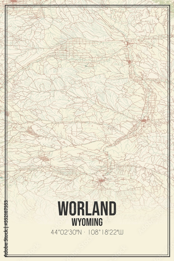 Retro US city map of Worland, Wyoming. Vintage street map.