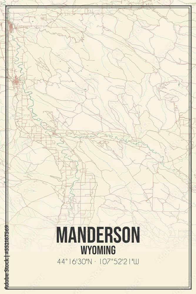 Retro US city map of Manderson, Wyoming. Vintage street map.