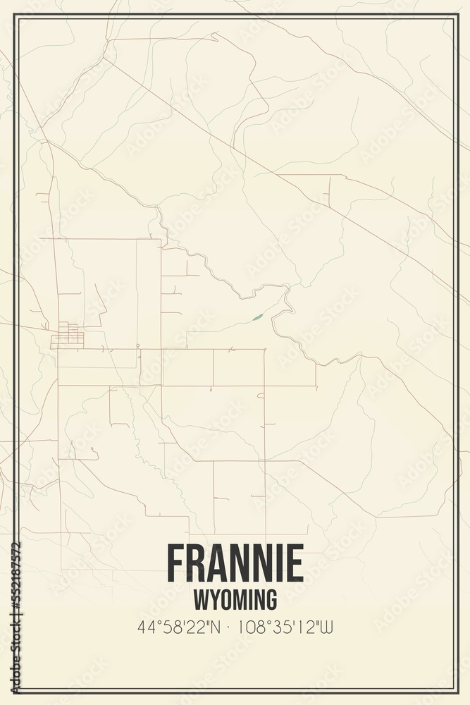 Fototapeta premium Retro US city map of Frannie, Wyoming. Vintage street map.