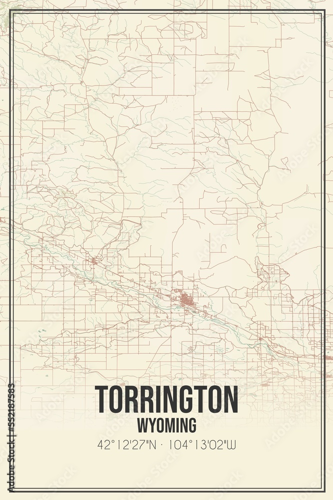 Retro US city map of Torrington, Wyoming. Vintage street map.