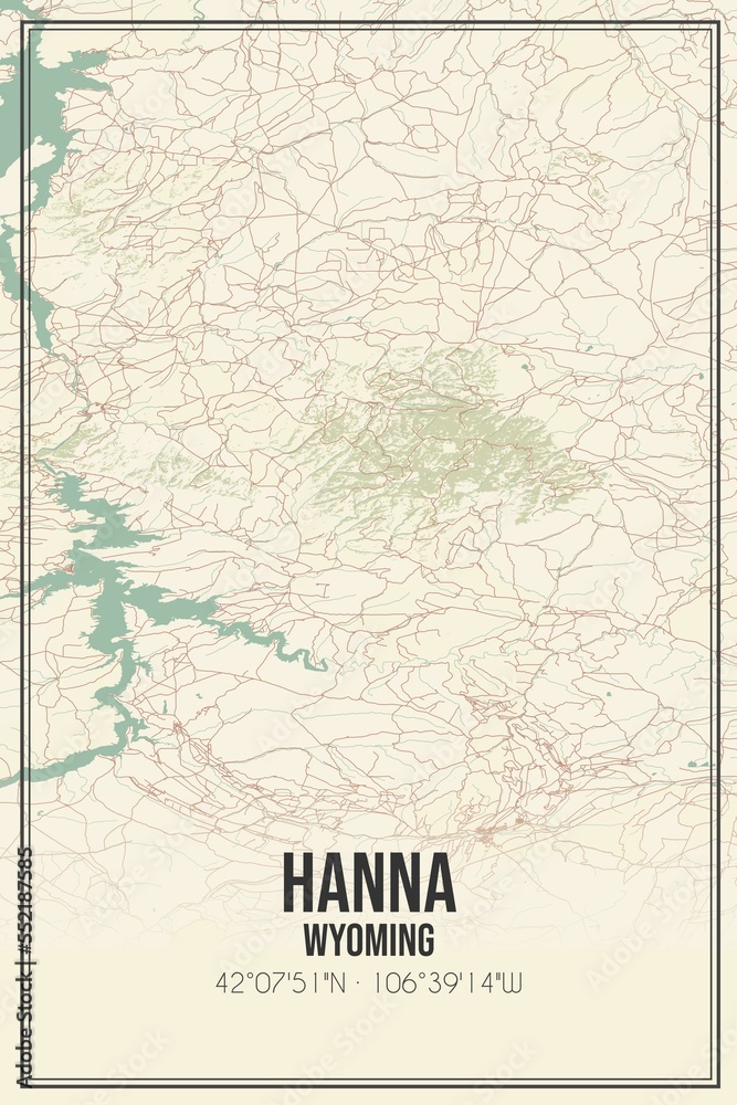 Retro US city map of Hanna, Wyoming. Vintage street map.