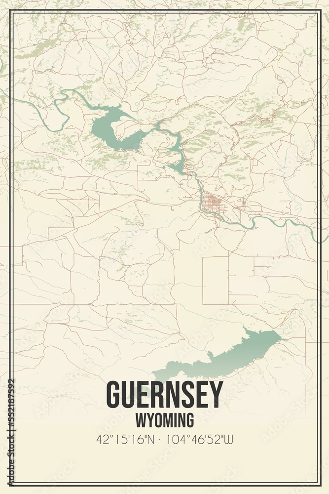 Retro US city map of Guernsey, Wyoming. Vintage street map.