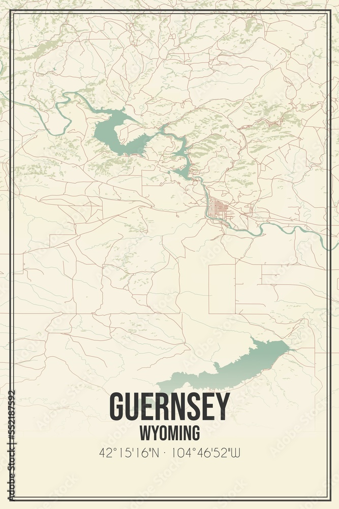 Obraz premium Retro US city map of Guernsey, Wyoming. Vintage street map.