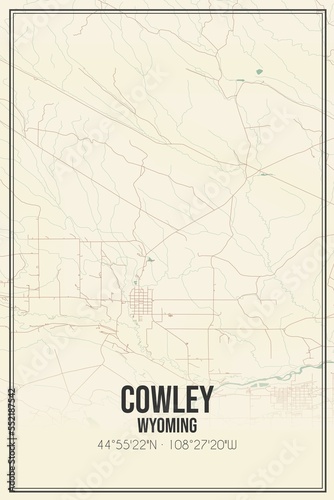 Retro US city map of Cowley, Wyoming. Vintage street map. photo