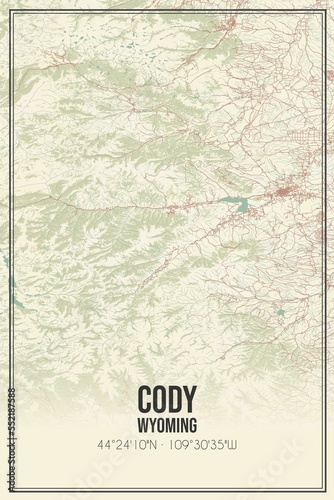 Retro US city map of Cody, Wyoming. Vintage street map.