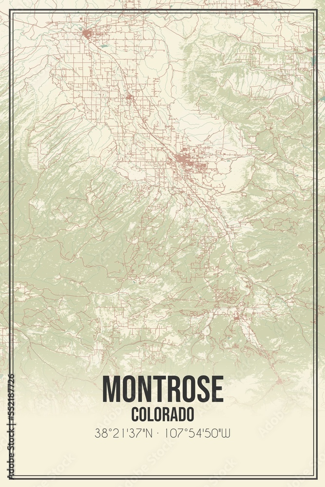 Retro US city map of Montrose, Colorado. Vintage street map.