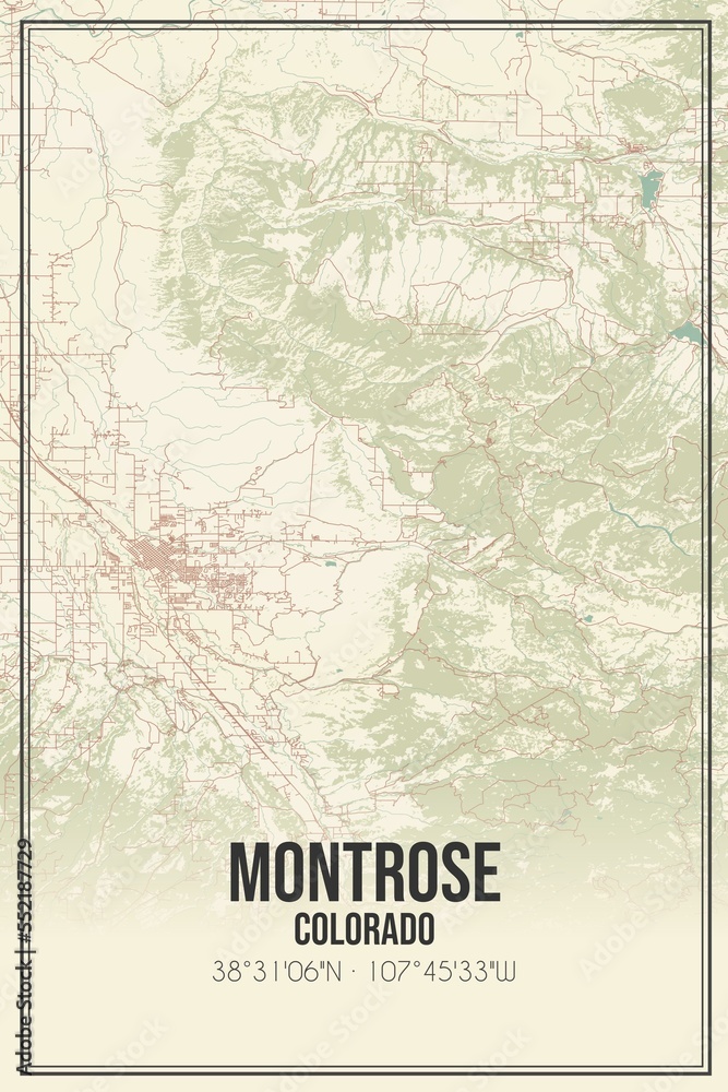 Retro US city map of Montrose, Colorado. Vintage street map.