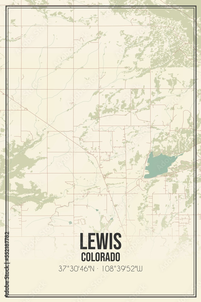 Retro US city map of Lewis, Colorado. Vintage street map.