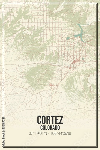 Retro US city map of Cortez, Colorado. Vintage street map.